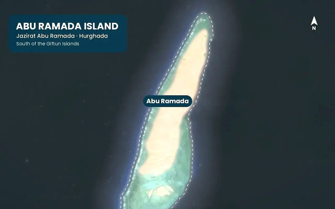 Satellite map of Abu Ramada Island south of the Giftun Islands, Hurghada, with the snorkel reef at the southern tip