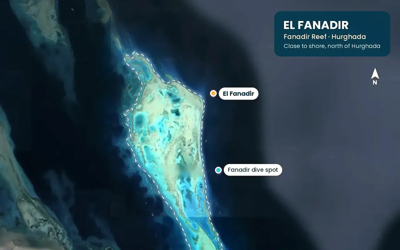 Satellite map of El Fanadir reef just off the coast north of Hurghada