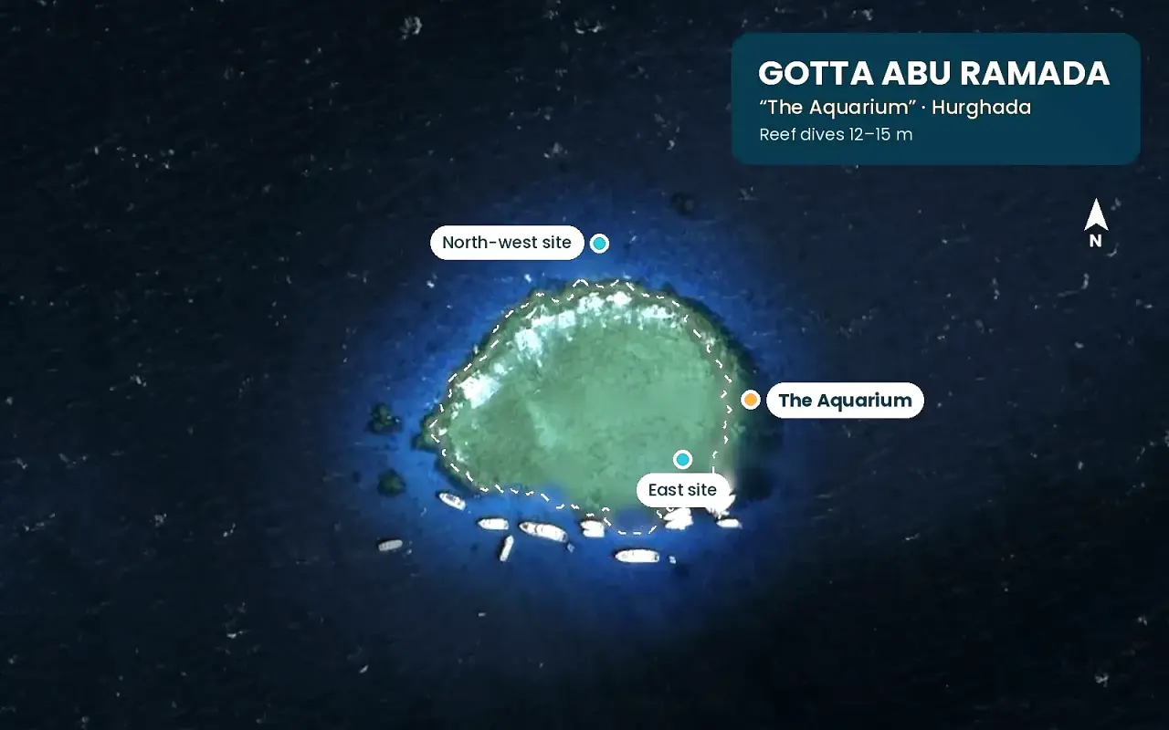 Satellite map of Gotta Abu Ramada (The Aquarium) reef near Hurghada with its three dive sites