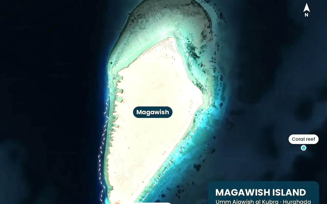 Satellite map of Magawish Island (Umm Ajawish al Kubra) near Hurghada with the beach at the southern tip