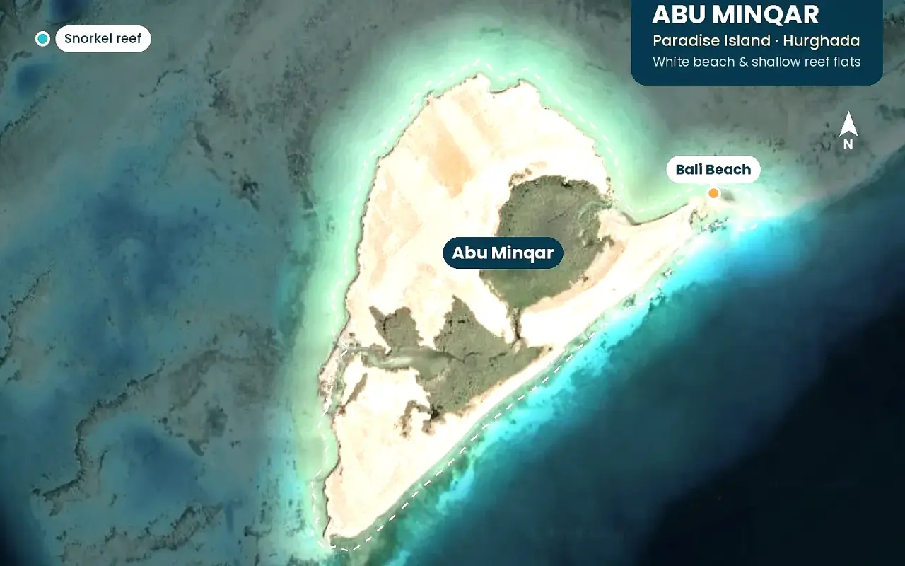 Satellite map of Abu Minqar (Paradise Island) off Hurghada showing Bali Beach and the shallow reef flats