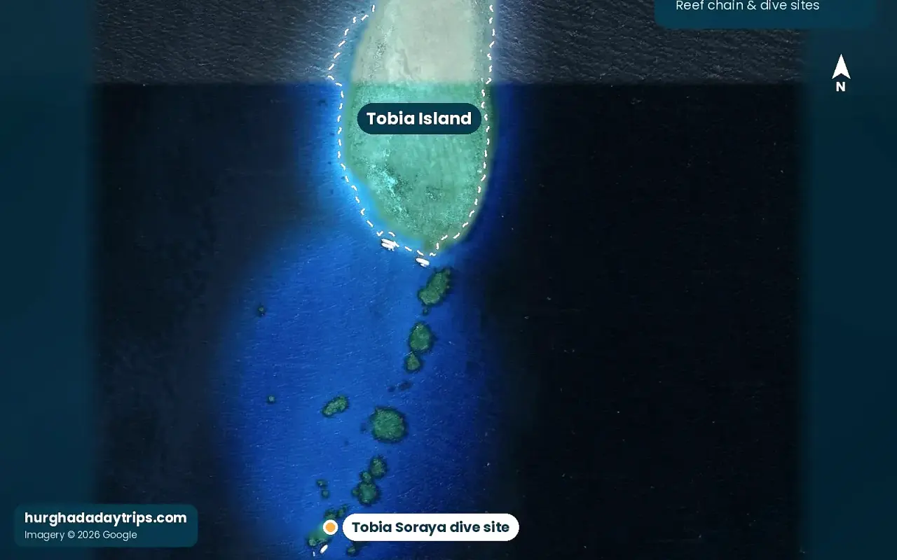 Satellite map of Tobia Island near Safaga with Bianca Island and the Tobia Soraya reef chain