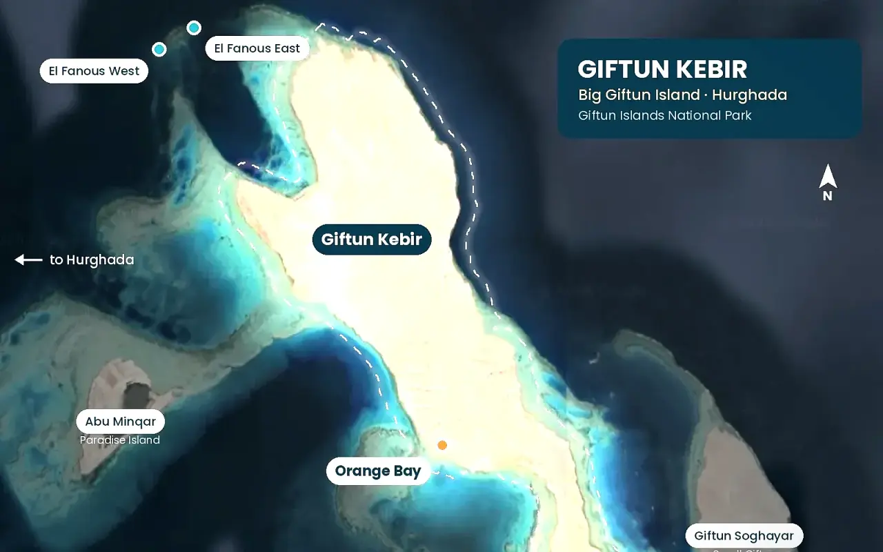 Satellite map of Giftun Kebir (Big Giftun Island) near Hurghada with Orange Bay, El Fanous, Small Giftun and Abu Minqar