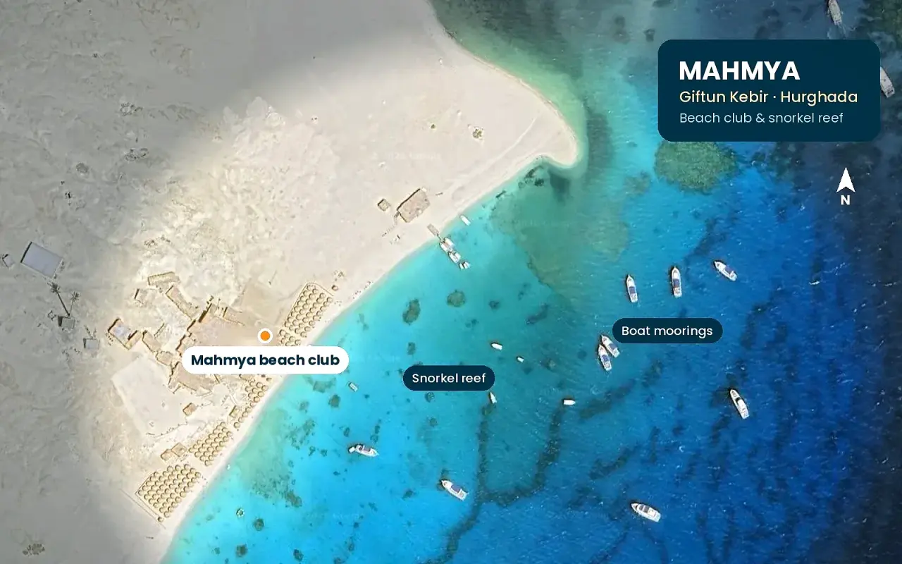 Satellite map of Mahmya beach club and snorkel reef on Giftun Kebir, Hurghada