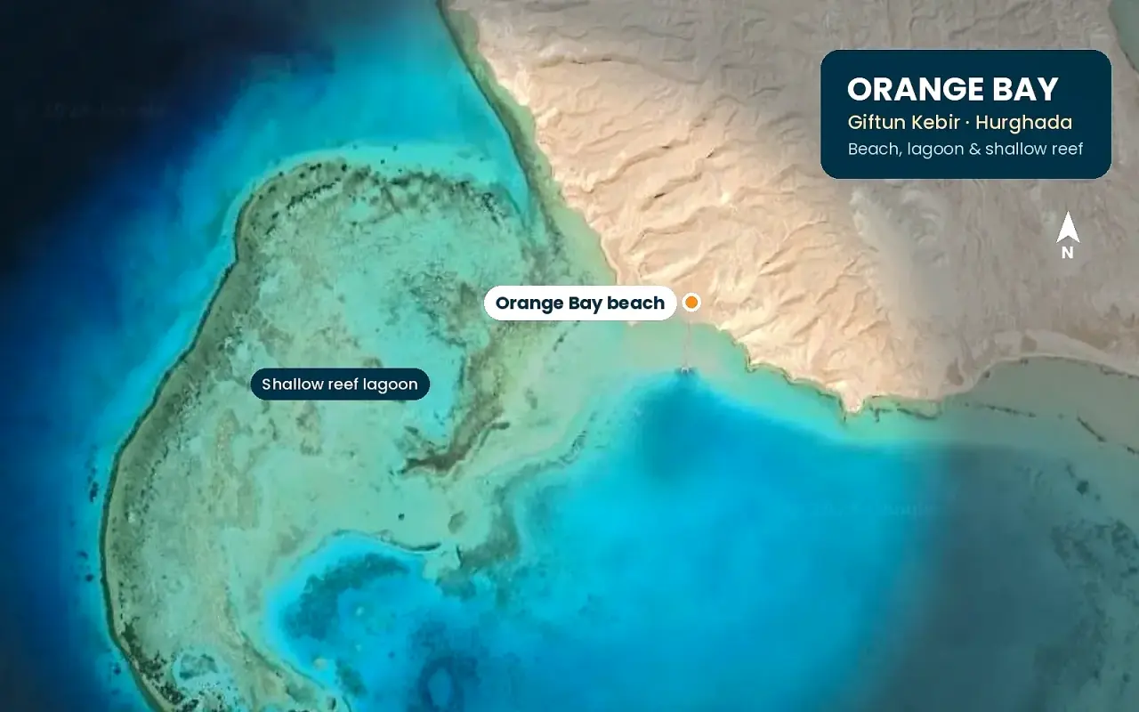 Satellite map of Orange Bay beach and its shallow reef lagoon on Giftun Kebir, Hurghada